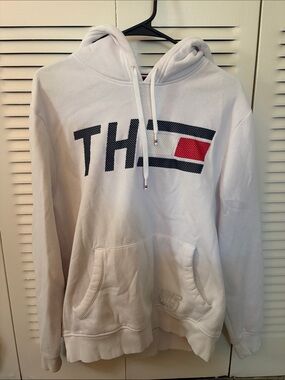 Tommy Hilfiger White Crewneck Hoodie with Navy and Red Logo
